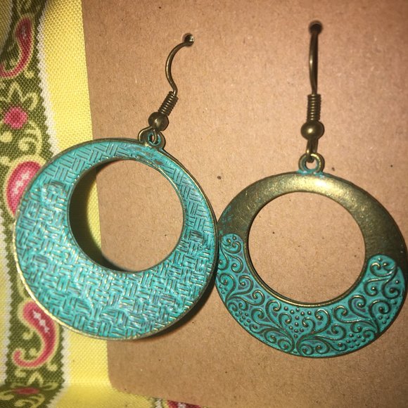 Vintage Hoop Bronze Bohemian Blue Stone Drop Earring NWOT - Picture 2 of 5